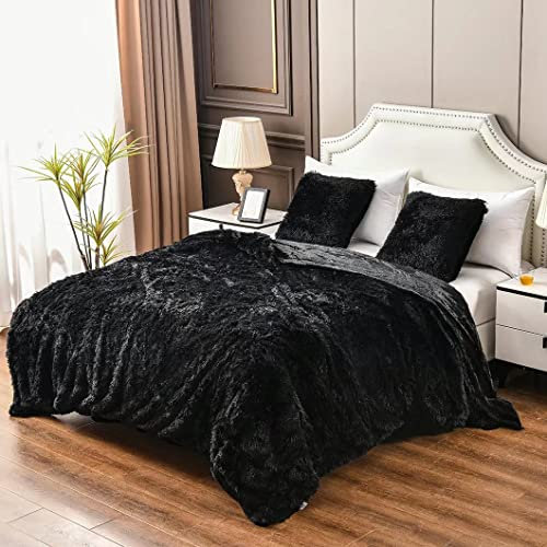 YUSOKI Black King Winterdecke aus dickem Kunstfell, 2 Schichten, 228,6 x 264,2 cm, ohne Kissen, großer weicher Plüsch, flauschig, schwer, schwer, groß, warm, flauschig
