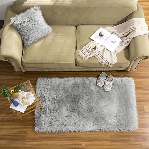 Teppich Wölkchen Schaffell Lammfell Imitat Fellteppich Kunstfell Teppich Waschbar - Flauschiger Teppich Wohnzimmer, Bettvorleger Schlafzimmer, Teppich Fell - Grau - 80x120 cm