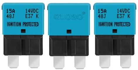 GLOSO flachsicherungen Autosicherungen Leistungsschalter für KFZ Auto Wohnmobil Boot Motorrad Automatisches Zurücksetzen 3 Stück 15A E37