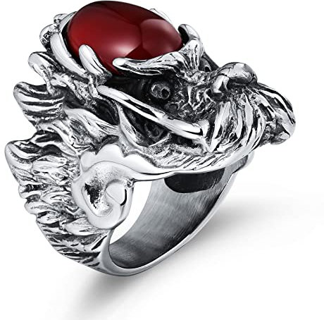 Edelstahl Ring Männer, Herren Ring Vintage, Drachenkopf mit Roter ovaler Stein Bands-Ringaus Edelstahl Rot Ringgröße 62 (19.7)