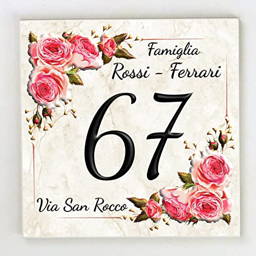 Numero Civico in Ceramica, Targa PERSONALIZZABILE, Numero Civico su Mattonella in Ceramica 15x15cm / 20x20cm con Indirizzo e Nome Famiglia Personalizzato,Numeri Civici Moderni.