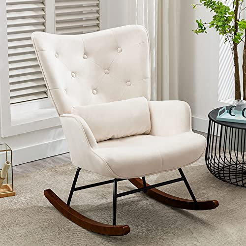 Fauteuil à Bascule en Velours Rembourré avec Support Lombaire, Chaise a Bascule Scandinave à Structure en Métal et Pieds en Bois, Fauteuil Allaitement pour Salon, Balcon, Chambre d'enfant (Blanc)