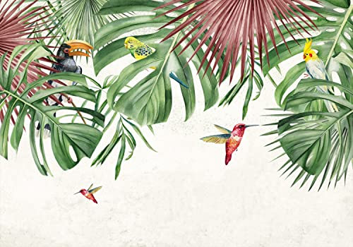 decomonkey - Papier Peint Panoramique Jungle Feuilles Oiseaux 300x210 cm - Décoration murale – Tapisserie pour salon - Monstera perroquets tuakny animaux nature feuilles jungle colibris oiseaux