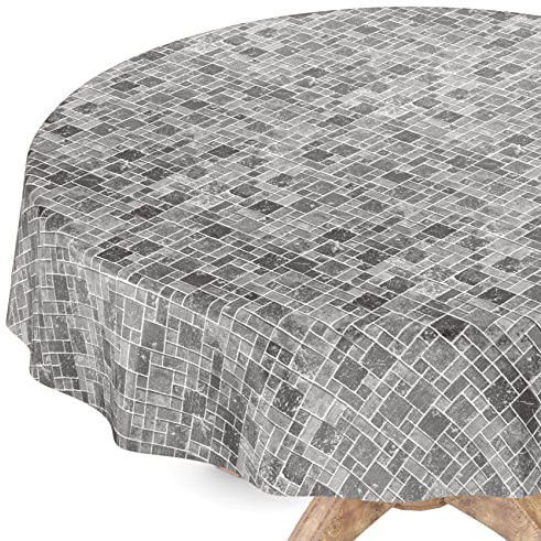 Wachstuchtischdecke Wachstuch Vinyl abwischbar Wachstischdecke Tischdecke Rund 120cm Schnittkante Fliesen Anthrazit