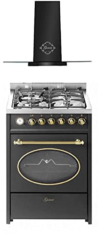 GURARI Herdset GCH G 614 BL r + GCH T 466 60 BL Prime, Gas Standherd 60 cm Erdgas Fl.Gas 4 Kw WOK Gasgrill/55 L+Dunstabzugshaube 60 cm 1000m³/h Wandhaube in schwarz mit Glas, EEK A