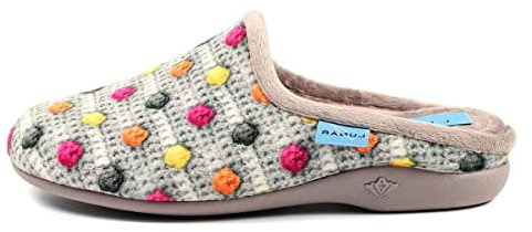 Lunar Ladies Winova Grey Slip-On Mule Slipper with Pom-Pom Print. Sizes 3-8