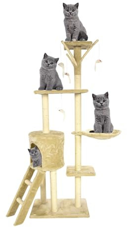 Beige Multi-Level Cat Climbing Tower with Ladder - Stable Cat Scratch Post & Play House for Kitty - 49 * 35 * 138cm
