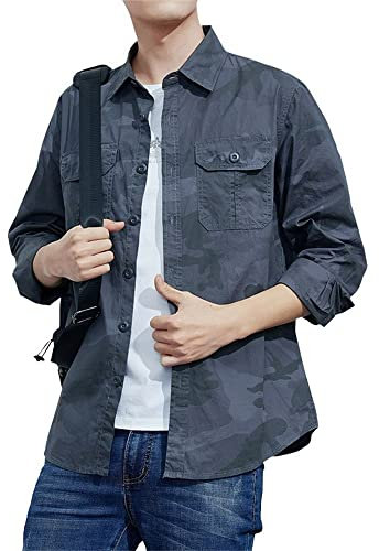 AOKODA Hemd Herren Langarm Camouflage Outdoor Hemd Herren Frühling Doppelte Tasche Casual Hemd Herren Gutaussehend Knopfleiste Revers Hemd Herren B-Grey L