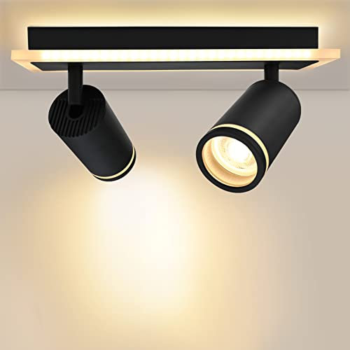 URing LED-Deckenleuchte, 2 Spot, Deckenstrahler, schwenkbar & schwenkbar, LED-Beleuchtung mit Unterlicht, 7 W + 2 x 5 W GU10 1700 lm, Warmweiß 3000 K, für Küche, Wohnzimmer, Schwarz matt