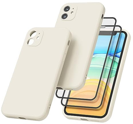 AK Funda para iPhone 11 con 2Piezas Protector de Pantalla Cristal Templado,Funda de Liquida Suave Silicona para iPhone 11 Carcasa Protectora Anti-Choque Case(Blanco)