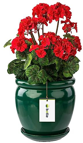 botle Pot de fleurs rond avec soucoupe Vert foncé 280 x 305 mm Surface brillante Céramique Moderne Glamour