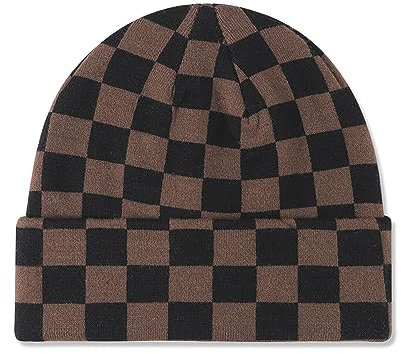 LumiSyne Strickmütze Für Damen Herren Schachbrett Kariert Muster Doppelter Zweck Mütze Mit Bündchen Und Slouchy Beanie Doppellagiger Stoff Stretchy Warme Baggy Skull Cap Winter Mütze Für Outdoor