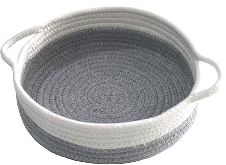 Knitted Storage Basket, White and Grey, Fabric Storage Bowl, Cotton Rope Organiser, Home, Grey Baskets, Woven