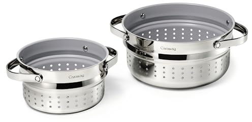 Caraway Small and Large Steamer Set with Handles, 3qt & 6.5 qt | Non-Stick, Non-Toxic Coating, Steam Veggies, Seafood, More, Compatible with Our Dutch Oven or Sauce Pan, Stainless Steel
