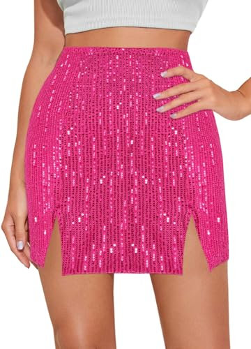 Segreto Damen Glitzer Pailletten Rock Sexy Hohe Taille Schlitz Figurbetont Bleistiftrock Minirock Pink