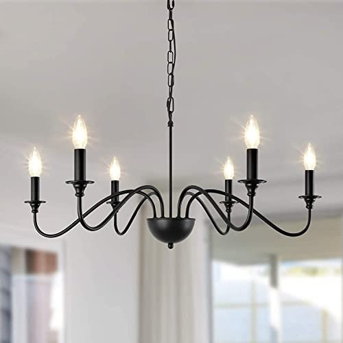 DINGLILIGHTING Kronleuchter Schwarz, Pendelleuchte Esstisch 6 Flammig, Vintage Hängeleuchte Mit 6*E14 Fassung, Deckenlampe Schwarz Für Wohnzimmer Schlafzimmer Küche Flur Bauernhaus Halle