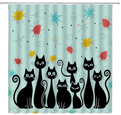ZRUWUA Rideau de douche moderne du milieu du siècle - Motif chat noir amusant - Étoiles - Spoutnik - Rétro abstrait - Géométrique - Années 1950 - 1960 - Vintage - Minimaliste - Décoration de salle de