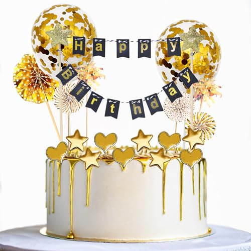 JSTC 20 Stück Tortendeko, Happy Birthday Torten Deko, Cake Topper Geburtstag Männer Frauen, Kuchendekoration Kuchendeko mit Sternen Liebe Konfetti Luftballons und Papierfächer für Mann Frau Mädchen.