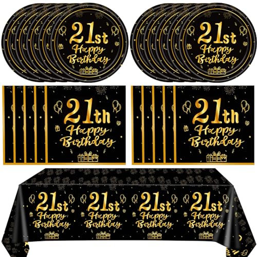 41 PCS 21st Birthday Decorations for Women Men Black and Gold Cheers to 21 Years Set Included Plates Napkins Tablecloth for Her Him 21 Years Old Birthday Party Supplies