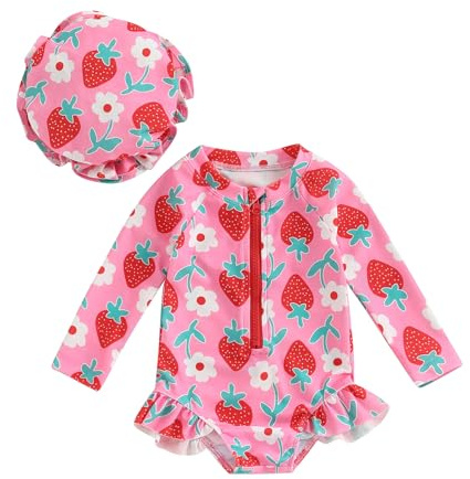 Maillot de Bain Bébé Fille Anti-UV Combinaison de Natation à Volants Manches Longues Imprimé Arc-en-Ciel pour Piscine Plage Sport Vacances Swimwear (Rose Fraise, 18-24 Months)