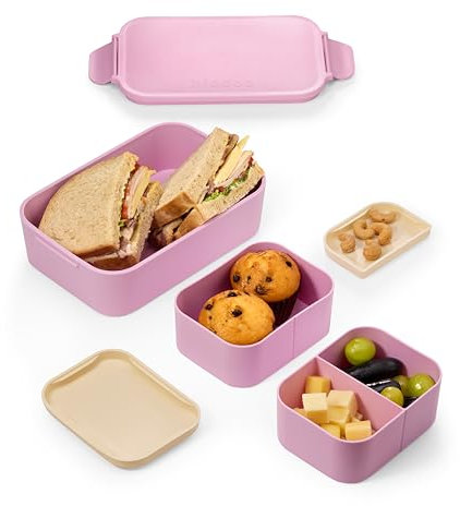 Biddoo Brotdose Kinder mit Besteck & herausnehmbaren Fächern – Bento Lunchbox BPA-frei – Vesperdose & Snackbox für Schule, Kindergarten, Büro & Picknick – Farbe Happy Pink