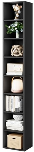 Bamjoy 180 cm hohes schmales Bücherregal, 8-stöckiges schmales CD-DVD-Media-Tower-Regal, Eck-Bücherregal mit verstellbaren Regalen, Würfel-Bücherregal für Zuhause, Büro, kleiner Raum, Schwarz