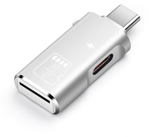 Lector de Tarjetas TF y Micro SD Con Carga Tipo-C 15W PD - Adaptador de Memoria Compatible Con Portátiles, MacBook, Samsung Galaxy (Plata)