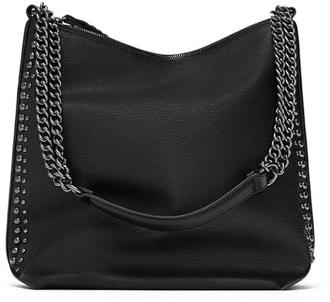 JEKAVA Beuteltasche Leder Umhängetasche Damen gross Schultertasche damen Crossbody Bag Nieten Handtasche Morderne Tasche für Schule, Einkaufen, Reisen (Schwarz)