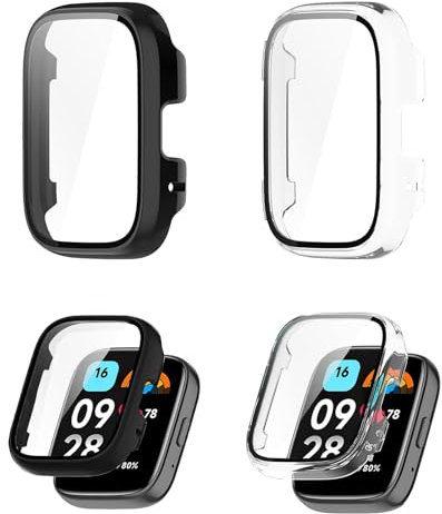 2 Pack Funda Protectoras Pantalla para Xiaomi Redmi Watch 3 Active, Protectores de Pantalla de Vidrio Templado, Carcasas Duras Antiarañazos, No Compatible con Redmi Watch 3, Transparente y Negra