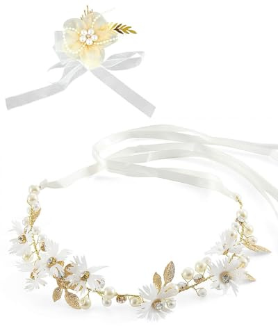 TOZBLEU 2 pcs Brautaccessoires,Blumenstirnband Braut Blumenkranz mit Künstliche Blättern,Hochzeitshandblumen,Blumen und Perle Strass Blumen-Haarbänder Braut Hochzeit Haarschmuck für Damen Mädchen
