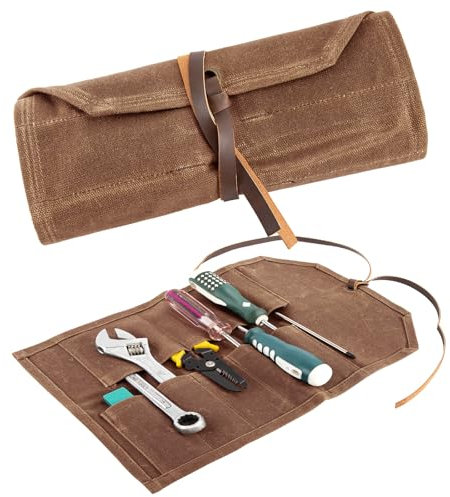 Tool Roll,10Slots Tool Roll Up Pouch,Heavy Duty Waxed Canvas Tool Roll Bag,Chisel Wrench Spanner Roll Tool Pouch with Leather Rope,Tool Roll Organizer for Mechanic Electrician Plumber Carpenter(Brown)