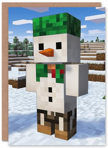 Artery8 Snow Man Winter Block World Video Game Design Blank For Him Or Her Art Christmas Card