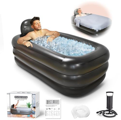 Bañera inflable con bomba y reposacabezas de almohada de baño, para exteriores e interiores, bañera de hidromasaje plegable portátil familiar, ideal para baño caliente, baño de hielo (gris oscuro)