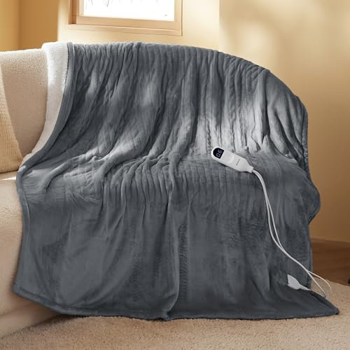 BEDSURE Heizdecke mit Abschaltautomatik 130x180cm - Wärmedecke mit 6 Heizstufen & 10 Stunden Timer, bis zu 8 Stunden Überhitzungsschutz, Elektrische Kuscheldecke für Home & Office, Grau