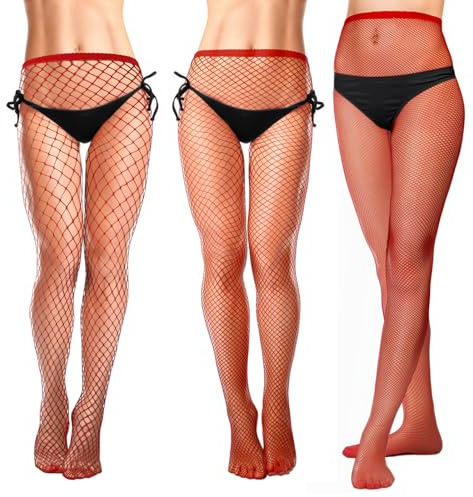 GADITIEK Pack de 3 Medias de Rejilla Rojas Medias de Rejilla Rojas para Mujer para Carnaval (Rejilla Grande, Rejilla Mediana, Rejilla Pequeña)