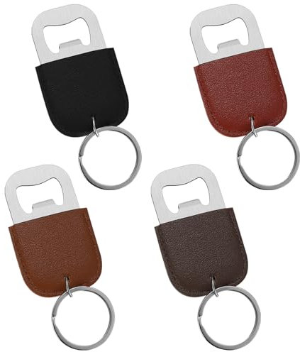 SZYILIDA 4 Pcs Stainless Steel & Leather Bottle Opener Keyring, Beer Bottle Opener with Keyrings, for Men Women Gifts, Home Kitchen Restaurant Party