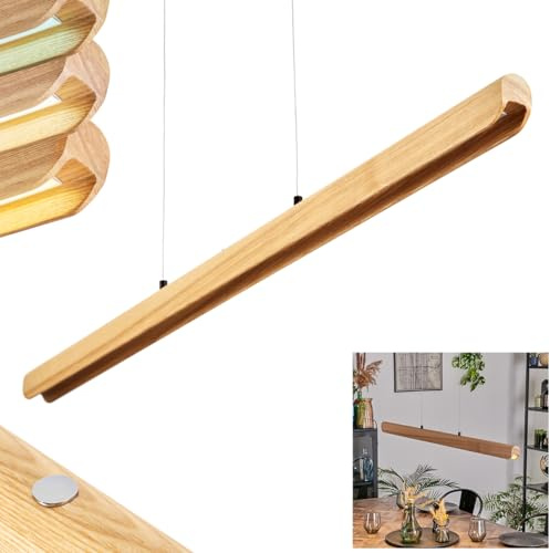 HOFSTEIN LED Pendelleuchte Fugelsta, dimmbare Pendellampe aus Metall/Holz/Kunststoff in Schwarz/Holz hell/Weiß, Hängeleuchte Retro mit Holzbalken und Touchdimmer, CCT, max. 167,5cm, Esszimmer, Küche