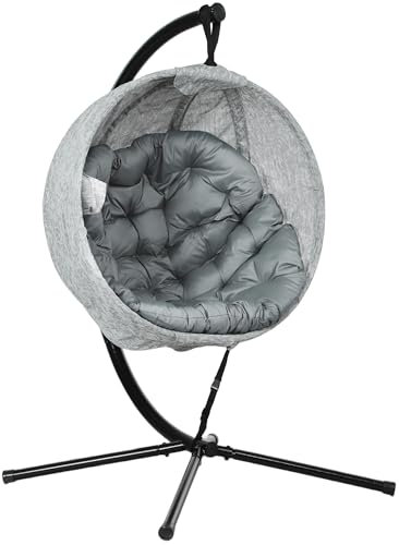 Outsunny Hanging Egg Chair Outdoor Indoor Garden Swing Chair with Folding Basket with Stand, Thickened Cushion, Cup Holder for Patio, Balcony, Grey