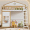 Etagenbett 90x200cm mit Treppe und Fallschutz Hausbett Kinderbett mit Dach und Fenster Hochbett Rahmen aus Kiefer Einzelbett Ohne Matratze Jugendbett Weiß+Holzfarbe