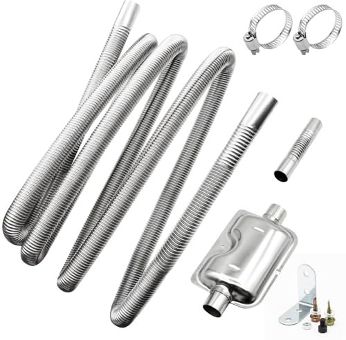 VEGCOO Abgasrohr Standheizung, 200cm Automotive Edelstahl Abgasschlauch, Mit Zwei Edelstahlschellen Und Schalldämpfer, Adapter Abgasrohr Standheizung, Passend Für Dieselheizung