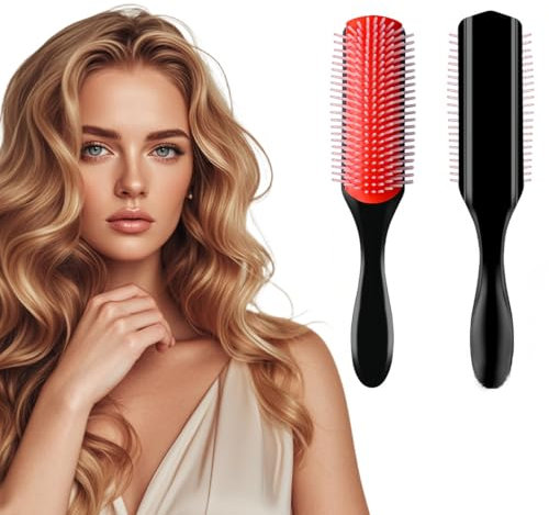 Curly Hair Brush D3,Lockenbürste,Haarbürste Ohne Ziepen Kamm,9-reihige Stylingbürste zum Entwirren,Lockenkamm Sie und Ihn Curly Hair Product Nylon Detangling(Hellrosa)