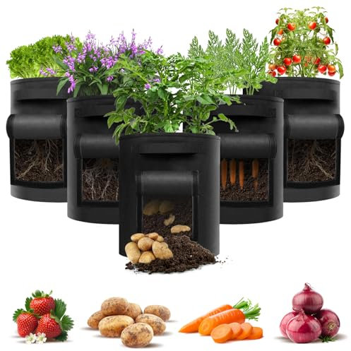 JNUYISW Kartoffel Pflanzsack, 5 Stück 43 Liter Atmungsaktive Pflanzsäcke mit Fenster und Griffen Kartoffelsack Groß Filz Pflanztasche für Kartoffeln Gemüse Tomaten Karotte Zwiebel Erdbeere