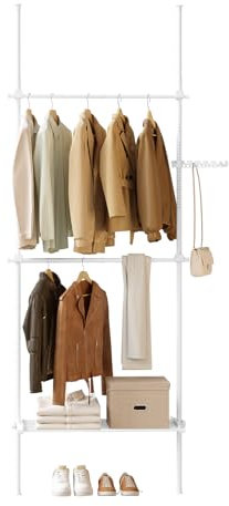 eSituro Teleskopischer Kleidertrog, Bodenständiger Kleiderständer von Boden bis Decke mit 2 Hängerstäben, 1 Ablage und Seitenhaken, Offene Garderobe mit Kleiderstange, Weiß