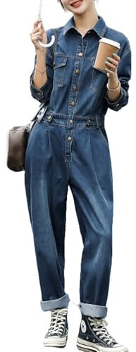 KWISUAWHGA Damen Langarm Button Down Denim Jumpsuit Lässiger Einteiler Overall Aufgerollte Jeans Lange Strampler
