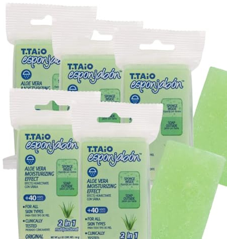 T.Taio – EsponJabón – 5er-Pack Schwamm + Seife 2-in-1 mit Aloe Vera – Repariert & spendet Feuchtigkeit – Ganzheitliche Hautpflege – Unisex – Für alle Hauttypen – 600g