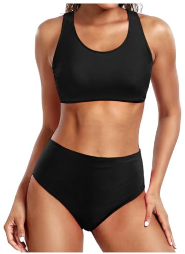 Maillot de Bain Bikini Femme 2 Pièces Amincissant Maillot de Bain Femme Débardeur Brassière avec Short de Plage Taille Haute Sport Natation Piscine Vacances