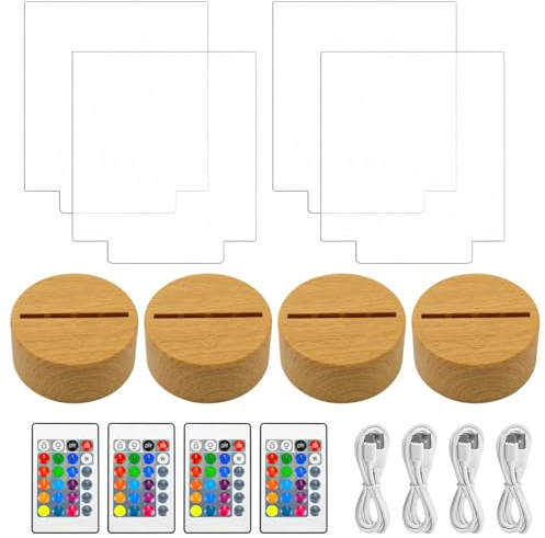 yeeplant Set of 4 3D Led Light Bases, Acrylic Blanks for DIY Creations, 16 Colors Featuring Remote Control, USB and Battery Operated, Custom Wooden Bases for Crafts