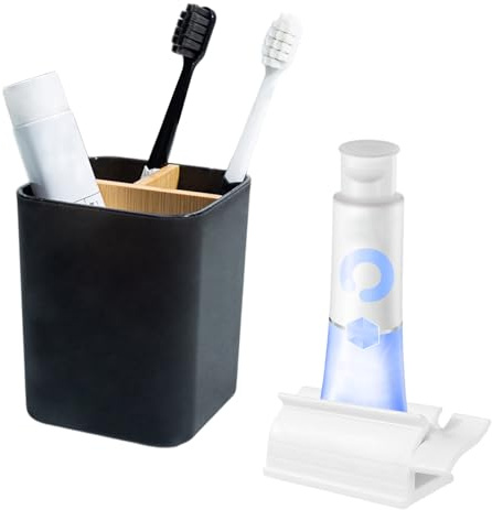 Porte Brosse à Dents Noir Détachable Support Brosse a Dent Electrique avec 3 Compartiments Organisateur Salle de Bain avec Presse Tube Dentifrice pour Famille, Salle de Bain, Cuisine