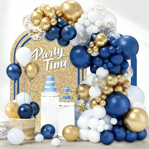 Navy Blue Gold White Balloon Arch Kit, Confetti Balloons, 102Pcs 18 12 10 5 Inch Different Sizes Balloon Garland, Latex Balloons, Perfect for Baby Shower, Birthday, Wedding, Graduation Decorations