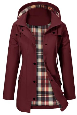 PASUDA Women's Waterproof Jacket Long Rain Coats Hooded Rain Jacket with Pockets Lightweight Windbreaker Raincoat Functional Trench Coats Hiking Running Camping Outdoor Coats (Burgundy Red, M)